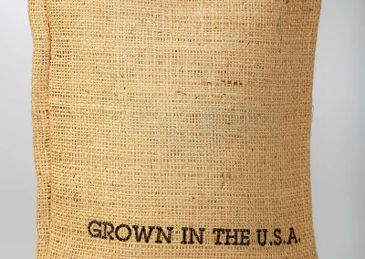 back of a printed burlap bag